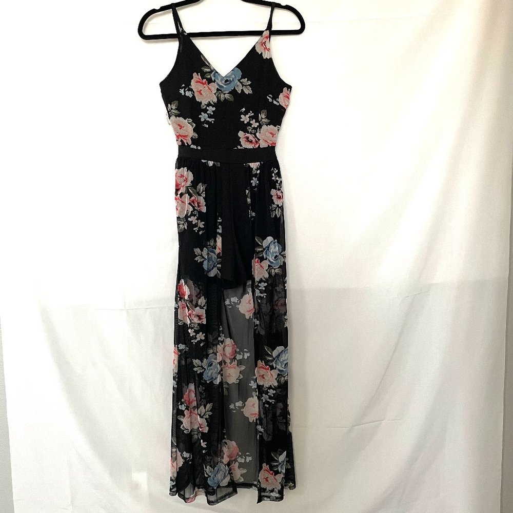J for Justify, maxi romper with short, floral sheer, backless, size S - Picture 1 of 8